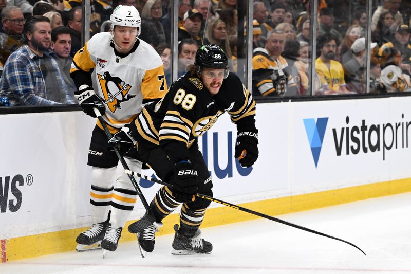 Mar 9, 2024; Boston, Massachusetts, USA; Boston Bruins right wing David Pastrnak (88) skates against Pittsburgh Penguins defenseman John Ludvig (7) during the first period at the TD Garden. Mandatory Credit: Brian Fluharty-USA TODAY Sports