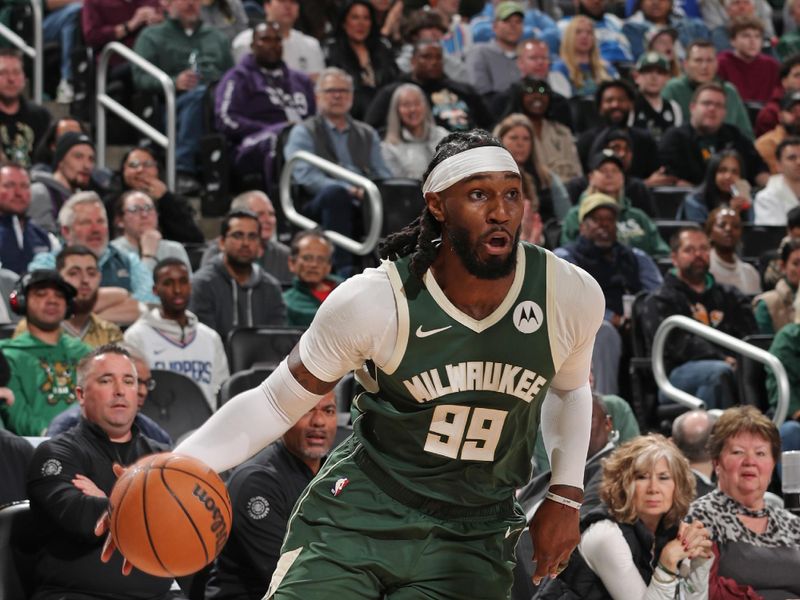 MILWAUKEE, WI - MARCH 4: Jae Crowder #99 of the Milwaukee Bucks  dribbles the ball during the game against the LA Clippers on March 4, 2024 at the Fiserv Forum Center in Milwaukee, Wisconsin. NOTE TO USER: User expressly acknowledges and agrees that, by downloading and or using this Photograph, user is consenting to the terms and conditions of the Getty Images License Agreement. Mandatory Copyright Notice: Copyright 2024 NBAE (Photo by Gary Dineen/NBAE via Getty Images).