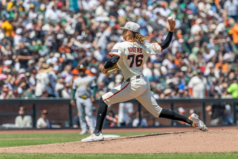 May 18, 2025; San Francisco, California, USA; San Francisco Giants pitcher Spencer Bivens (76) throws a pitch during the sixth inning against the Oakland Athletics at Oracle Park. Mandatory Credit: Bob Kupbens-Imagn Images