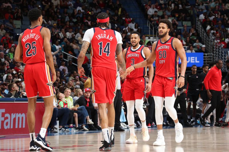 NEW ORLEANS, LA - MARCH 16: The New Orleans Pelicans huddle up during the game against the Portland Trail Blazers on March 16, 2024 at the Smoothie King Center in New Orleans, Louisiana. NOTE TO USER: User expressly acknowledges and agrees that, by downloading and or using this Photograph, user is consenting to the terms and conditions of the Getty Images License Agreement. Mandatory Copyright Notice: Copyright 2024 NBAE (Photo by Layne Murdoch Jr./NBAE via Getty Images)