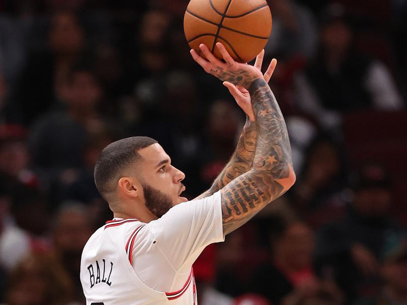 CHICAGO, ILLINOIS - OCTOBER 18: Lonzo Ball #2 of the Chicago Bulls shoots a three pointer against the Cleveland Cavaliers during the first half of a preseason game at the United Center on October 18, 2024 in Chicago, Illinois. NOTE TO USER: User expressly acknowledges and agrees that, by downloading and or using this photograph, User is consenting to the terms and conditions of the Getty Images License Agreement.  (Photo by Michael Reaves/Getty Images)