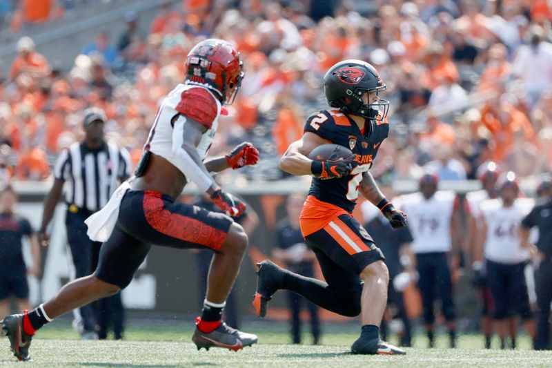 Sep 16, 2023; Corvallis, Oregon, USA; Oregon State Beavers wide receiver Anthony Gould (2) runs the ball during the first half against the San Diego State Aztecs at Reser Stadium. Mandatory Credit: Soobum Im-USA TODAY Sports