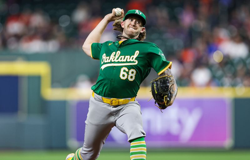 May 16, 2024; Houston, Texas, USA; Oakland Athletics starting pitcher Joey Estes (68) delivers a pitch during the fourth inning against the Houston Astros at Minute Maid Park. Mandatory Credit: Troy Taormina-USA TODAY Sports