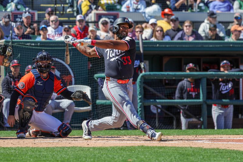 Feb 23, 2026; Lakeland, Florida, USA; Minnesota Twins center fielder Emmanuel Rodriguez (33) bats during the second inning against the Detroit Tigers at Publix Field at Joker Marchant Stadium. Mandatory Credit: Mike Watters-Imagn Images