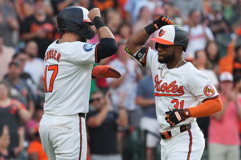 Jun 27, 2024; Baltimore, Maryland, USA; Baltimore Orioles outfielder Cedric Mullins (31) greeted by outfielder Colton Cowser (17) following his two-run home run in the fourth inning against the Texas Rangers at Oriole Park at Camden Yards. Mandatory Credit: Mitch Stringer-USA TODAY Sports