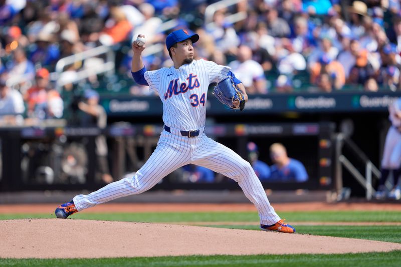 Aug 31, 2025; New York City, New York, USA; New York Mets pitcher Kodai Senga (34) delivers a pitch against the Miami Marlins during the second inning at Citi Field. Mandatory Credit: Gregory Fisher-Imagn Images