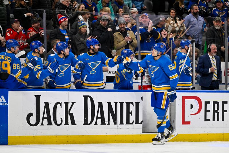 Jan 20, 2024; St. Louis, Missouri, USA;  St. Louis Blues defenseman Colton Parayko (55) is congratulated by teammates after scoring against the Washington Capitals during the first period at Enterprise Center. Mandatory Credit: Jeff Curry-USA TODAY Sports