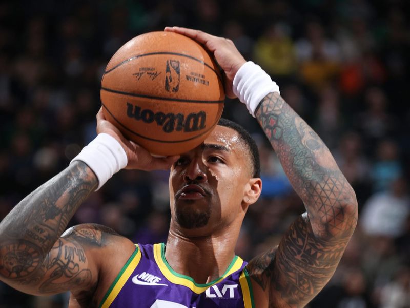 SALT LAKE CITY, UT - MARCH 12:  John Collins #20 of the Utah Jazz shoots a free throw during the game on March 12, 2024 at Delta Center in Salt Lake City, Utah. NOTE TO USER: User expressly acknowledges and agrees that, by downloading and or using this Photograph, User is consenting to the terms and conditions of the Getty Images License Agreement. Mandatory Copyright Notice: Copyright 2024 NBAE (Photo by Melissa Majchrzak/NBAE via Getty Images)