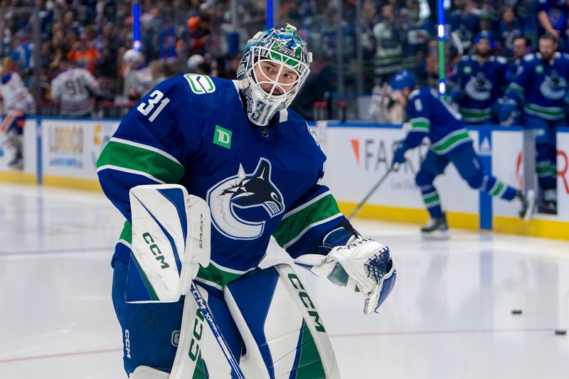 May 10, 2024; Vancouver, British Columbia, CAN; Vancouver Canucks goalie Arturs Silvos (31) skates in warm up prior to game two of the second round of the 2024 Stanley Cup Playoffs against the Edmonton Oilers at Rogers Arena. Mandatory Credit: Bob Frid-USA TODAY Sports
