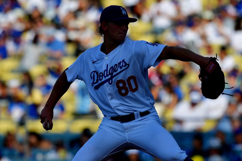 Jul 29, 2023; Los Angeles, California, USA; Los Angeles Dodgers starting pitcher Emmet Sheehan (80) throws against the Cincinnati Reds during the first inning at Dodger Stadium. Mandatory Credit: Gary A. Vasquez-USA TODAY Sports