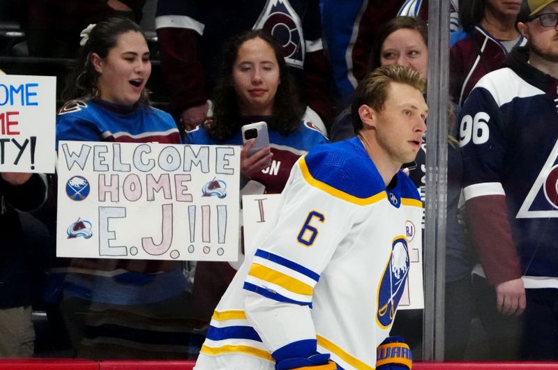 Dec 13, 2023; Denver, Colorado, USA; Colorado Avalanche fans cheer towards Buffalo Sabres defenseman Erik Johnson (6) before the game Colorado Avalanche at Ball Arena. Mandatory Credit: Ron Chenoy-USA TODAY Sports