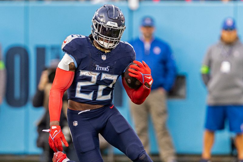 Tennessee Titans running back Derrick Henry (22) runs for yardage during their NFL football game against the Indianapolis Colts Sunday, Dec. 3, 2023, in Nashville, Tenn. (AP Photo/Wade Payne)