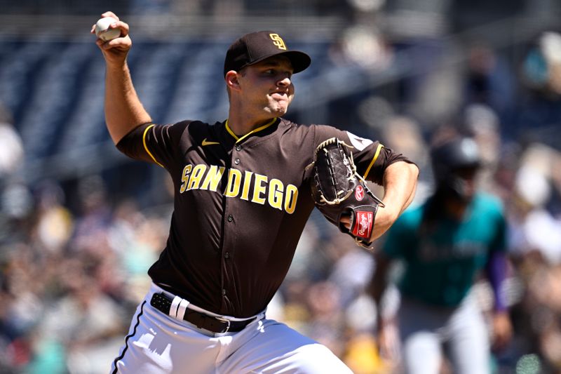 Mar 26, 2024; San Diego, California, USA; San Diego Padres relief pitcher Michael King (34) throws a pitch against the Seattle Mariners during the first inning at Petco Park. Mandatory Credit: Orlando Ramirez-USA TODAY Sports