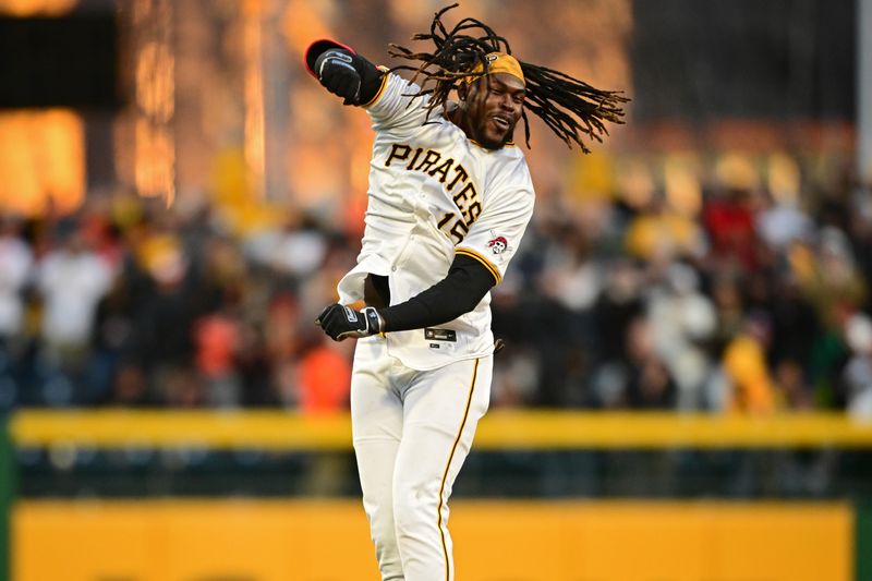 Apr 6, 2024; Pittsburgh, Pennsylvania, USA; Pittsburgh Pirates shortstop Oneil Cruz (15) celebrates after hitting a game winning walk off single during the eleventh inning against the Baltimore Orioles at PNC Park. Mandatory Credit: David Dermer-USA TODAY Sports