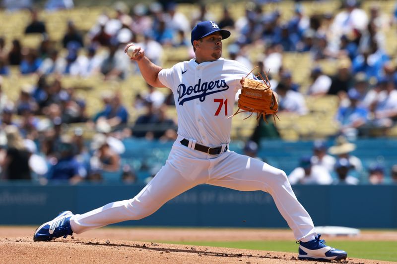 May 8, 2024; Los Angeles, California, USA;  Los Angeles Dodgers pitcher Gavin Stone (71) pitches during the first inning against the Miami Marlins at Dodger Stadium. Mandatory Credit: Kiyoshi Mio-USA TODAY Sports