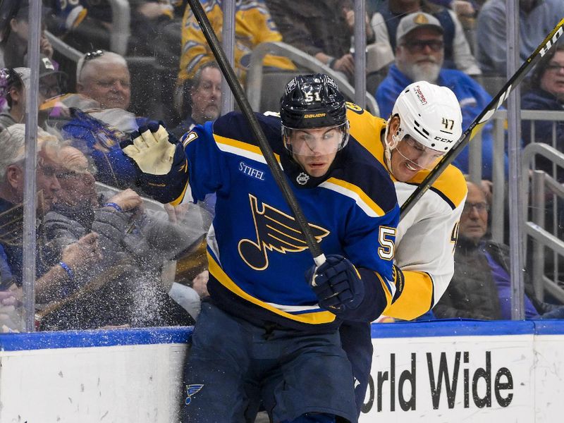 Mar 23, 2025; St. Louis, Missouri, USA;  St. Louis Blues defenseman Matthew Kessel (51) checks Nashville Predators right wing Michael McCarron (47) during the first period at Enterprise Center. Mandatory Credit: Jeff Curry-Imagn Images
