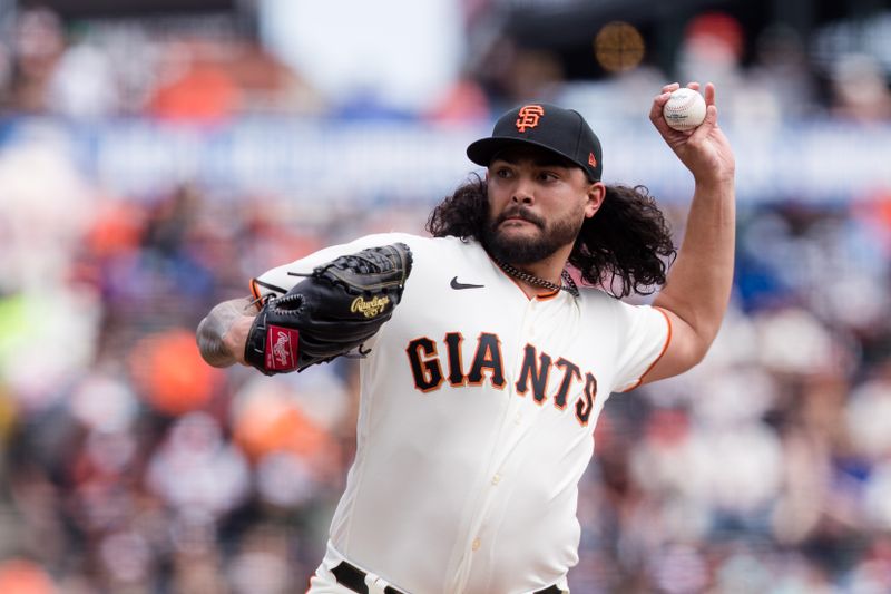 Apr 8, 2023; San Francisco, California, USA;  San Francisco Giants starting pitcher Sean Manaea (52) throws against the Kansas City Royals during the first inning at Oracle Park. Mandatory Credit: John Hefti-USA TODAY Sports