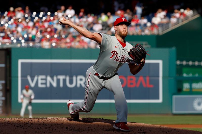 Sep 28, 2024; Washington, District of Columbia, USA; Philadelphia Phillies starting pitcher Zack Wheeler (45) pitches against the Washington Nationals during the first inning at Nationals Park. Mandatory Credit: Geoff Burke-Imagn Images