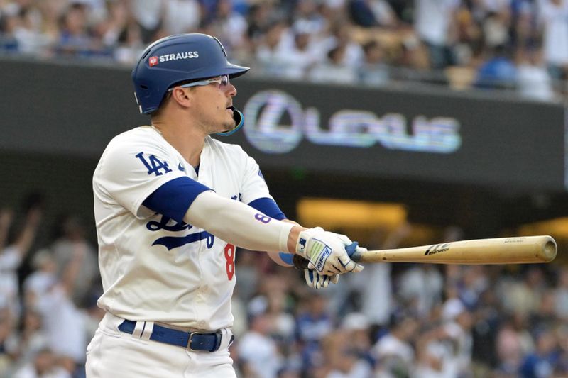 Oct 11, 2024; Los Angeles, California, USA; Los Angeles Dodgers third baseman Enrique Hernandez (8) celebrates after hitting a solo home run in the second inning against the San Diego Padres during game five of the NLDS for the 2024 MLB Playoffs at Dodger Stadium. Mandatory Credit: Jayne Kamin-Oncea-Imagn Images