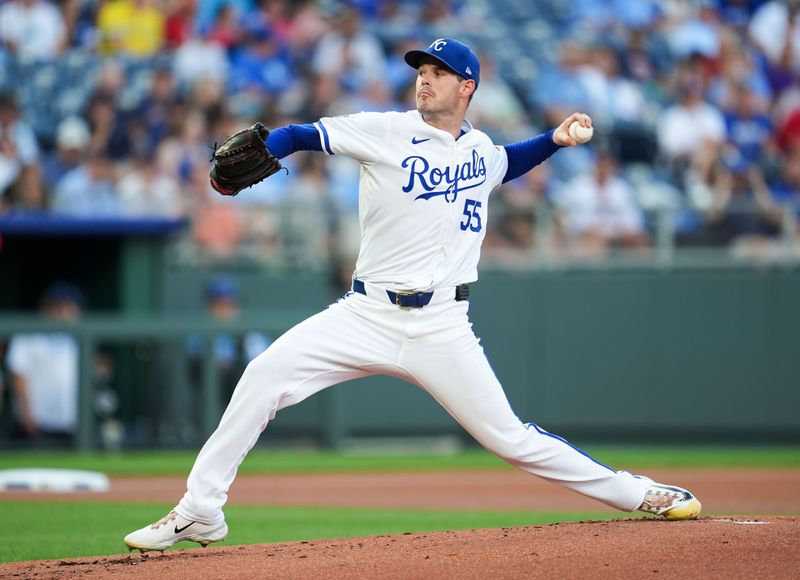 Aug 7, 2024; Kansas City, Missouri, USA; Kansas City Royals starting pitcher Cole Ragans (55) pitches during the first inning against the Boston Red Sox at Kauffman Stadium. Mandatory Credit: Jay Biggerstaff-USA TODAY Sports