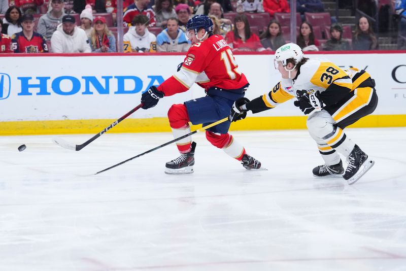 Jan 3, 2025; Sunrise, Florida, USA; Florida Panthers center Anton Lundell (15) skates the puck past Pittsburgh Penguins defenseman Owen Pickering (38) during the first period at Amerant Bank Arena. Mandatory Credit: Rich Storry-Imagn Images