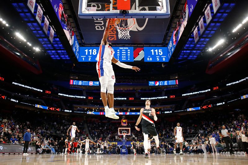 DETROIT, MI - JANUARY 06: Malik Beasley #5 of the Detroit Pistons dunks the ball during the game against the Portland Trail Blazers on January 06, 2025 at Little Caesars Arena in Detroit, Michigan. NOTE TO USER: User expressly acknowledges and agrees that, by downloading and/or using this photograph, User is consenting to the terms and conditions of the Getty Images License Agreement. Mandatory Copyright Notice: Copyright 2024 NBAE (Photo by Brian Sevald/NBAE via Getty Images)