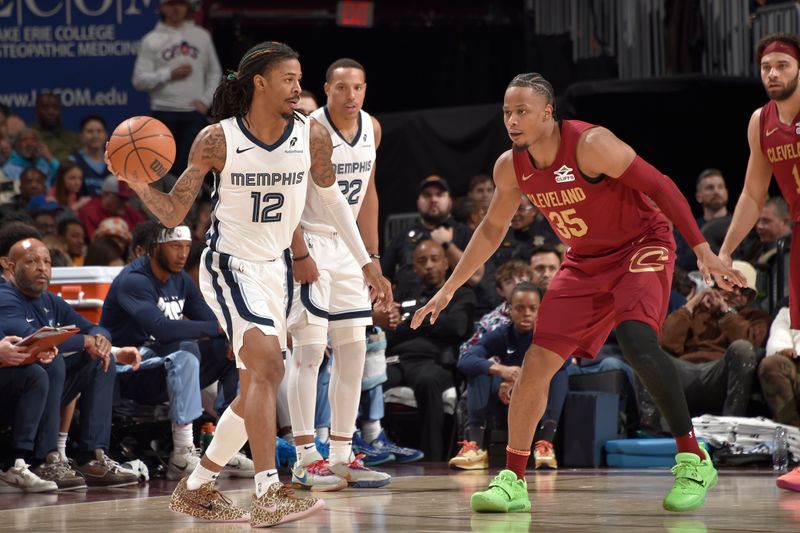 CLEVELAND, OH - FEBRUARY 23: Ja Morant #12 of the Memphis Grizzlies handles the ball during the game against the Cleveland Cavaliers on February 23 , 2025 at Rocket Arena in Cleveland, Ohio. NOTE TO USER: User expressly acknowledges and agrees that, by downloading and/or using this Photograph, user is consenting to the terms and conditions of the Getty Images License Agreement. Mandatory Copyright Notice: Copyright 2025 NBAE (Photo by David Liam Kyle/NBAE via Getty Images)