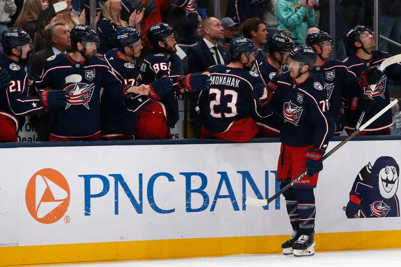 Mar 3, 2026; Columbus, Ohio, USA; Columbus Blue Jackets defenseman Damon Severson (78) celebrates his goal against the Nashville Predators during the third period at Nationwide Arena. Mandatory Credit: Russell LaBounty-Imagn Images