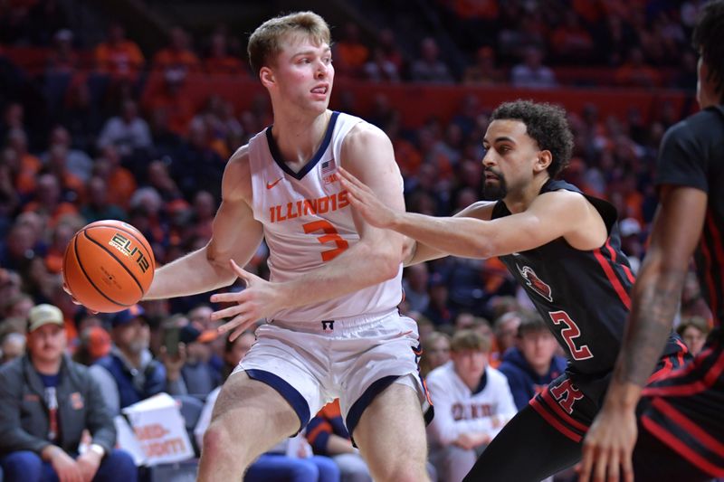 Jan 21, 2024; Champaign, Illinois, USA; Rutgers Scarlet Knights guard Noah Fernandes (1) guards Illinois Fighting Illini guard Marcus Domask (3) with the ball during the first half at State Farm Center. Mandatory Credit: Ron Johnson-USA TODAY Sports