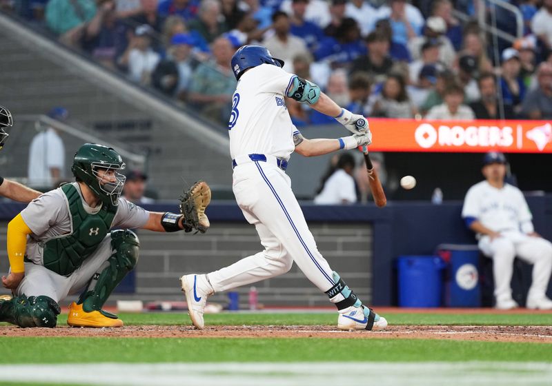 Aug 9, 2024; Toronto, Ontario, CAN; Toronto Blue Jays designated hitter Spencer Horwitz (48) hits a double against the Oakland Athletics during the fourth inning at Rogers Centre. Mandatory Credit: Nick Turchiaro-USA TODAY Sports