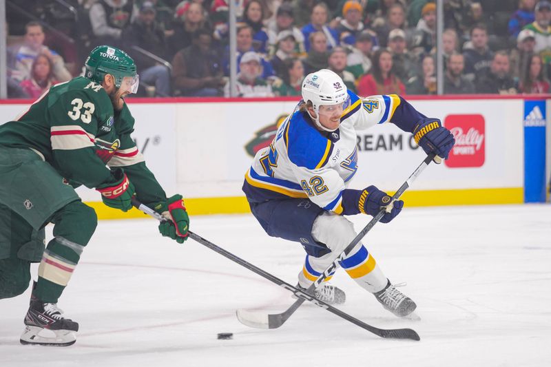 Nov 28, 2023; Saint Paul, Minnesota, USA; St. Louis Blues right wing Kasperi Kapanen (42) shoots against the Minnesota Wild in the first period at Xcel Energy Center. Mandatory Credit: Brad Rempel-USA TODAY Sports