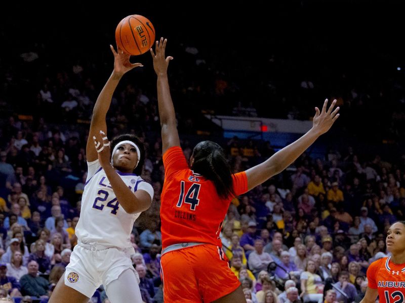 Feb 22, 2024; Baton Rouge, Louisiana, USA;  LSU Lady Tigers guard Aneesah Morrow (24) shoots against Auburn Tigers forward Taylen Collins (14) during the first half at Pete Maravich Assembly Center. Mandatory Credit: Matthew Hinton-USA TODAY Sports