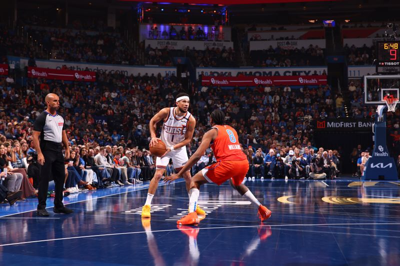 OKLAHOMA CITY, OK - NOVEMBER 15: Devin Booker #1 of the Phoenix Suns handles the ball during the game against the Oklahoma City Thunder during the Emirates NBA Cup game on November 15, 2024 at Paycom Center in Oklahoma City, Oklahoma. NOTE TO USER: User expressly acknowledges and agrees that, by downloading and or using this photograph, User is consenting to the terms and conditions of the Getty Images License Agreement. Mandatory Copyright Notice: Copyright 2024 NBAE (Photo by Zach Beeker/NBAE via Getty Images)