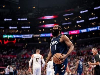 LOS ANGELES, CA - NOVEMBER 24: James Harden #1 of the LA Clippers stands on the court during the game against the New Orleans Pelicans during the In-Season Tournament on November 24, 2023 at Crypto.Com Arena in Los Angeles, California. NOTE TO USER: User expressly acknowledges and agrees that, by downloading and/or using this Photograph, user is consenting to the terms and conditions of the Getty Images License Agreement. Mandatory Copyright Notice: Copyright 2023 NBAE (Photo by Tyler Ross/NBAE via Getty Images)