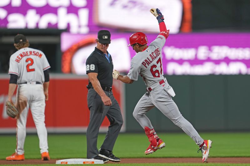 Sep 12, 2023; Baltimore, Maryland, USA; St. Louis Cardinals outfielder Richie Palacios (67) rounds the bases following his solo home run in the fourth inning against the Baltimore Orioles at Oriole Park at Camden Yards. Mandatory Credit: Mitch Stringer-USA TODAY Sports