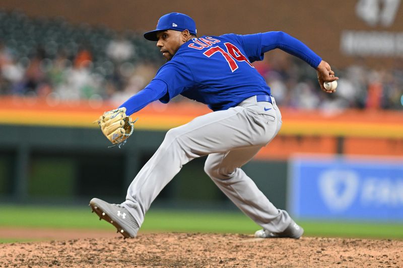 Aug 21, 2023; Detroit, Michigan, USA; Chicago Cubs relief pitcher Jose Cuas (74) throws a pitch against the Detroit Tigers in the seventh inning at Comerica Park. Mandatory Credit: Lon Horwedel-USA TODAY Sports