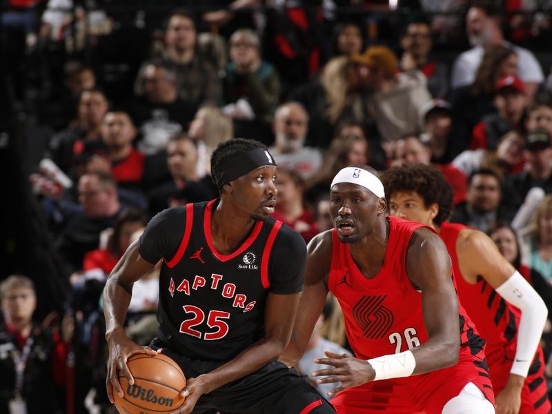 PORTLAND, OR - MARCH 9: Duop Reath #26 of the Portland Trail Blazers plays defense against Chris Boucher #25 of the Toronto Raptors on March 9, 2024 at the Moda Center Arena in Portland, Oregon. NOTE TO USER: User expressly acknowledges and agrees that, by downloading and or using this photograph, user is consenting to the terms and conditions of the Getty Images License Agreement. Mandatory Copyright Notice: Copyright 2024 NBAE (Photo by Cameron Browne/NBAE via Getty Images)