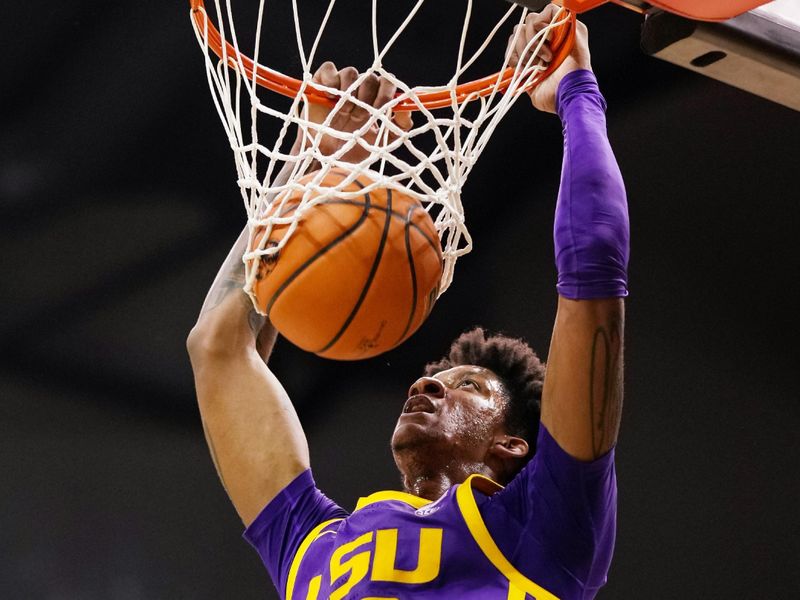 Feb 1, 2023; Columbia, Missouri, USA; LSU Tigers forward Derek Fountain (20) dunks during the second half against the Missouri Tigers at Mizzou Arena. Mandatory Credit: Jay Biggerstaff-USA TODAY Sports