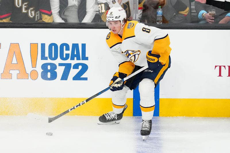 Feb 20, 2024; Las Vegas, Nevada, USA; Nashville Predators center Cody Glass (8) skates against the Vegas Golden Knights during the third period at T-Mobile Arena. Mandatory Credit: Stephen R. Sylvanie-USA TODAY Sports