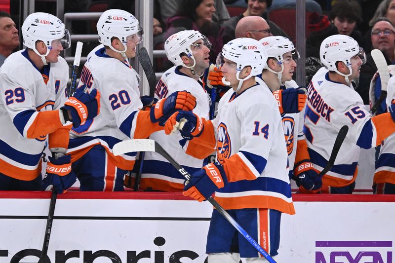 Jan 19, 2024; Chicago, Illinois, USA; New York Islanders forward Bo Horvat (14) celebrates with the bench after scoring a goal in the third period against the Chicago Blackhawks at United Center. Mandatory Credit: Jamie Sabau-USA TODAY Sports