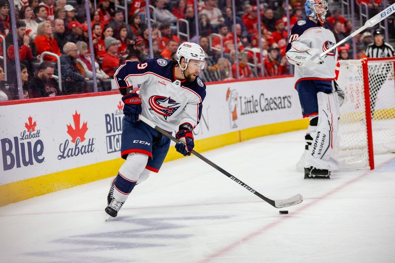 sMar 19, 2024; Detroit, Michigan, USA; Columbus Blue Jackets defenseman Ivan Provorov (9) handles the puck during the third period of the game against the Columbus Blue Jackets at Little Caesars Arena. Mandatory Credit: Brian Bradshaw Sevald-USA TODAY Sports