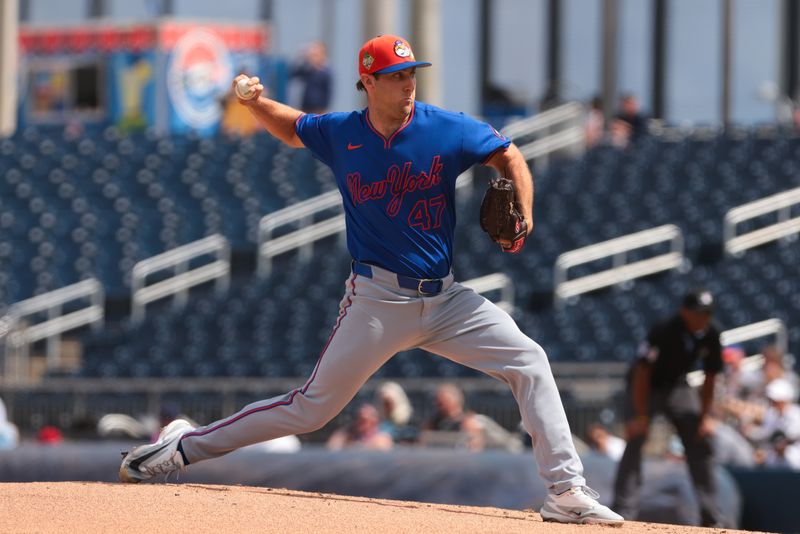 Mar 5, 2026; West Palm Beach, Florida, USA; New York Mets pitcher Justin Hagenman (47) delivers a pitch against the Washington Nationals during the first inning at CACTI Park of the Palm Beaches. Mandatory Credit: Sam Navarro-Imagn Images