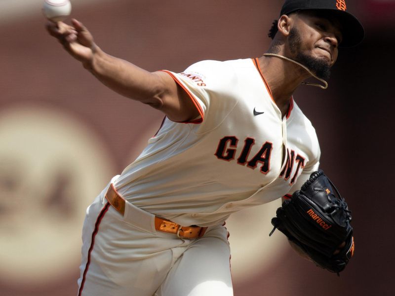 Jun 8, 2025; San Francisco, California, USA; San Francisco Giants pitcher Camilo Doval (75) delivers a pitch against the Atlanta Braves during the ninth inning at Oracle Park. Mandatory Credit: D. Ross Cameron-Imagn Images