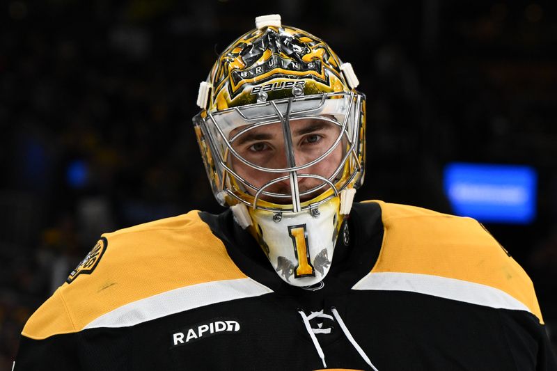 Nov 3, 2024; Boston, Massachusetts, USA; Boston Bruins goaltender Jeremy Swayman (1) skates on the ice before the second period against the Seattle Kraken at the TD Garden. Mandatory Credit: Brian Fluharty-Imagn Images