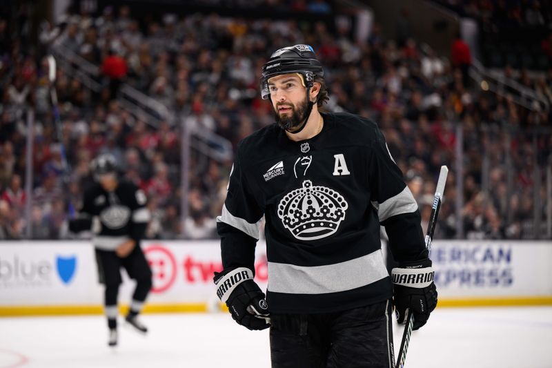 Mar 7, 2026; Los Angeles, California, USA; Los Angeles Kings defenseman Drew Doughty (8) looks on during the third period against the Montréal Canadiens at Crypto.com Arena. Mandatory Credit: William Liang-Imagn Images