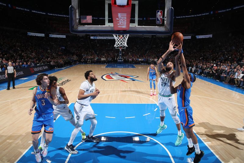 OKLAHOMA CITY, OK - JANUARY 29: Rudy Gobert #27 of the Minnesota Timberwolves drives to the basket during the game against the Oklahoma City Thunder on January 29, 2024 at Paycom Arena in Oklahoma City, Oklahoma. NOTE TO USER: User expressly acknowledges and agrees that, by downloading and or using this photograph, User is consenting to the terms and conditions of the Getty Images License Agreement. Mandatory Copyright Notice: Copyright 2024 NBAE (Photo by Zach Beeker/NBAE via Getty Images)