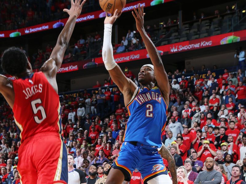 NEW ORLEANS, LA - APRIL 12: Shai Gilgeous-Alexander #2 of the Oklahoma City Thunder shoots the ball during the game against the New Orleans Pelicans during the 2023 Play-In Tournament on April 12, 2023 at the Smoothie King Center in New Orleans, Louisiana. NOTE TO USER: User expressly acknowledges and agrees that, by downloading and or using this Photograph, user is consenting to the terms and conditions of the Getty Images License Agreement. Mandatory Copyright Notice: Copyright 2023 NBAE (Photo by Layne Murdoch Jr./NBAE via Getty Images)