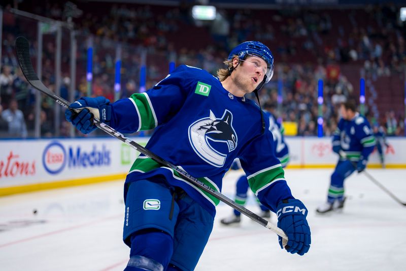 Oct 9, 2024; Vancouver, British Columbia, CAN; Vancouver Canucks forward Brock Boeser (6) smiles during warm up prior to a game against the Calgary Flames at Rogers Arena. Mandatory Credit: Bob Frid-Imagn Images