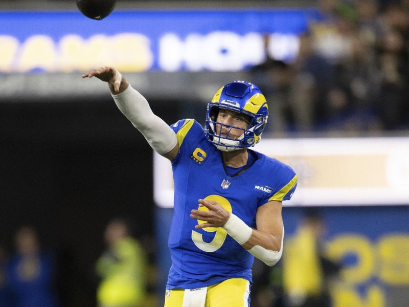 Los Angeles Rams quarterback Matthew Stafford (9) throws a pass during an NFL football game against the New Orleans Saints, Thursday, Dec. 21, 2023, in Inglewood, Calif. (AP Photo/Kyusung Gong)