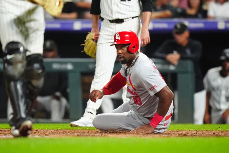 Sep 25, 2024; Denver, Colorado, USA; St. Louis Cardinals right fielder Jordan Walker (18) scores a run in the fourth inning against the Colorado Rockies at Coors Field. Mandatory Credit: Ron Chenoy-Imagn Images